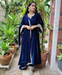 Exclusive Morpinch Micro Velvet Lace Work Anarkali Suit With Dupatta