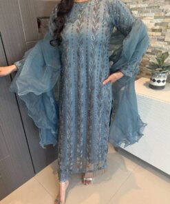 Exclusive Grey Pure Georgette Embroidery Work Pakistani Suit With Dupatta