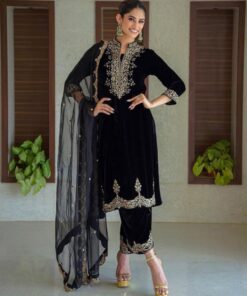 Exclusive Black Micro Velvet With Fancy Embroidery Work Pant Suit With Dupatta