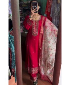 Adorable Chinon Silk With Embroidery Thread Work Plazo Suit With Dupatta