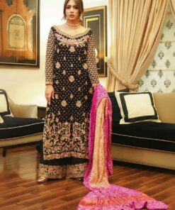 Party Wear Black Micro Velvet Embroidery Work Pakistani Suit With Pink Dupatta