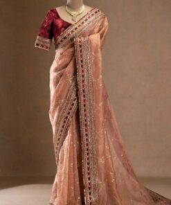 Exclusive Tabby Silk Sequence Work Peach Saree With Maroon Blouse