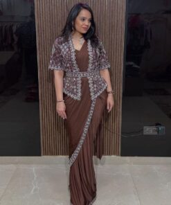 Exclusive Green-Brown Georgette Embroidery Work Saree With Jacket Blouse And Belt