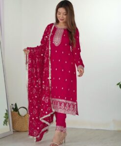 Exclusive Red Silk Sequence Work Pant Suit With Dupatta