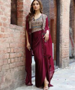 Exclusive Wine Organza Silk Embroidered Dhoti Skirt And Crop-Top With Shrug