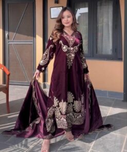 Exclusive Grape Velvet Embroidery Work Pakistani Suit With Dupatta