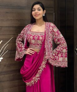 Exclusive Chinon Silk Embroidery Work Saree With Blouse And Koti