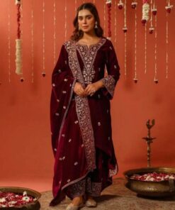 Exclusive Wine Velvet Embroidery Work Pakistani Suit With Dupatta