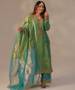 Exclusive Yellow , Green & Red Chinon Silk Sequence Work Pant Suit With Dupatta