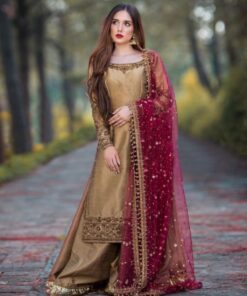 Exclusive Golden Beige Chinon Silk Sequence Work Palazo Suit With Rani Dupatta