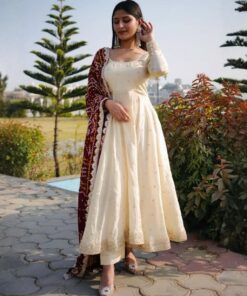 Exclusive Cream Chinon Silk Sequence Work Anarkali Suit With Maroon Dupatta