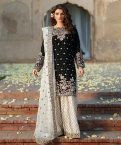 Exclusive Black & White Chinon Silk Moti Work Palazo Suit With Dupatta