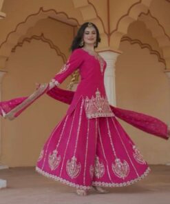Exclusive Hot Pink Chinon Silk Embroidery Work Sharara Suit With Dupatta