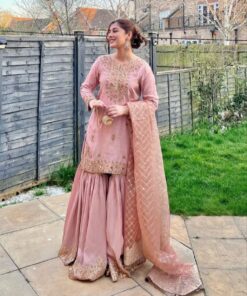 Exclusive Peach Pink Chinon Silk Sequence Work Gharara Suit With Dupatta