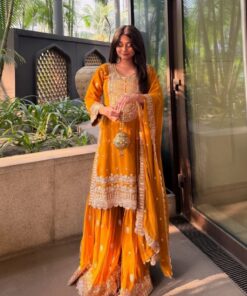 Exclusive Mango Yellow Soft Georgette Embroidery Work Gharara Suit With Dupatta