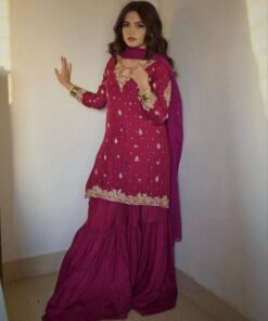 Exclusive Rose Pink Soft Georgette Embroidery Work Gharara Suit With Dupatta