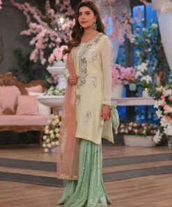 Exclusive Ivory & Pista Pink Soft Georgette Sequence Work Gharara Suit With Peach Dupatta