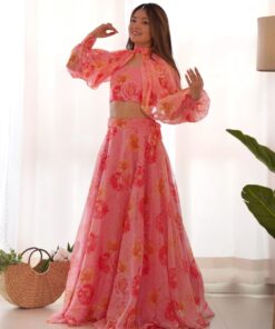Exclusive Peach Pink Organza Floral Printed Lehenga Choli