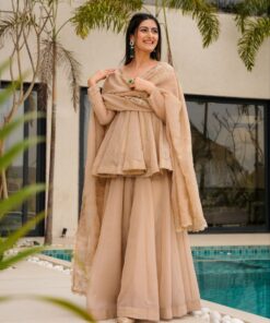 Exclusive Sand Beige Organza Lace Work Sharara Suit With Dupatta