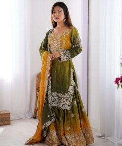 Exclusive Green & Yellow Chinon Silk Embroidery Work Gharara Suit With Dupatta