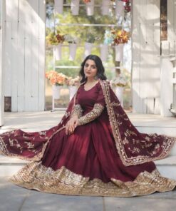 Exclusive Maroon Soft Georgette Embroidery Work Anarkali Gown With Dupatta
