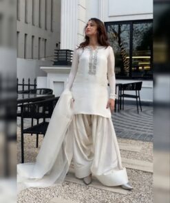 Exclusive White & Yellow Soft Georgette Thread Work Farshi Suit With Dupatta