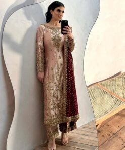 Exclusive Copper Jimmy Silk Embroidery Work Pant Suit With Maroon Dupatta