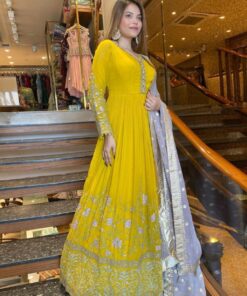 Exclusive Yellow Faux Georgette Embroidery Work Anarkali Suit With White Dupatta