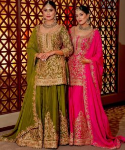 Exclusive Pink & Green Chinon Silk Thread Work Sharara Suit With Dupatta