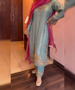 Exclusive Powder Blue Silk Sequence Work Pant Suit With Pink Dupatta