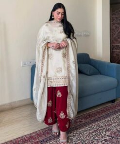 Exclusive Cream & Red Chinon Silk Thread Work Salwar Suit With Dupatta